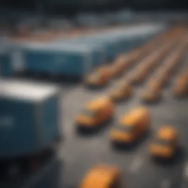 Amazon-branded delivery vehicles parked at a distribution hub