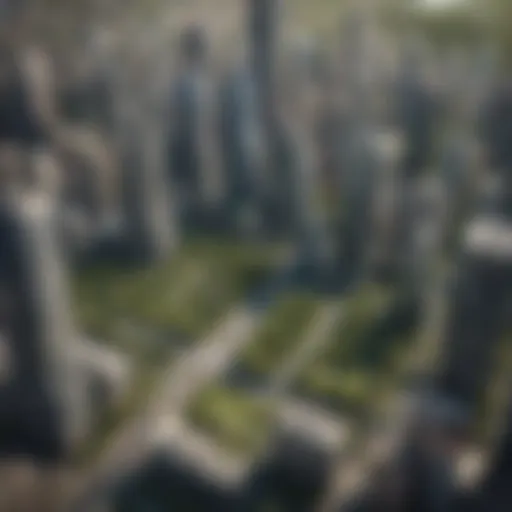 Aerial view of a bustling city with skyscrapers and green parks